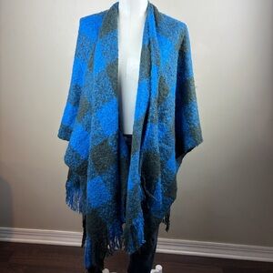 Cozy Grunge Fringe Retro Blue and Gray oversized classic Shawl